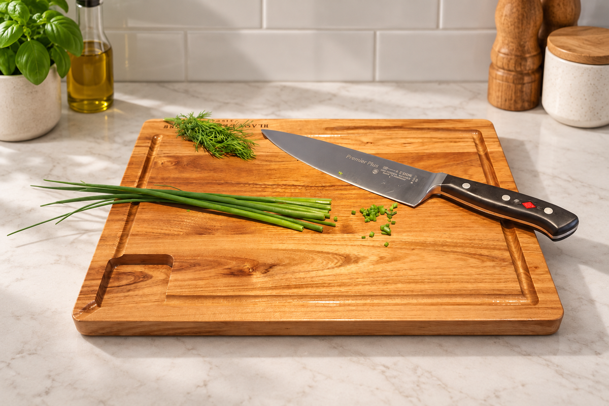 A wooden chef's knife with a black handle resting on a rectangular wooden cutting board, set on a white marble countertop with chives and herbs nearby.