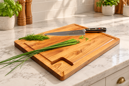A rectangular wooden cutting board with a built-in slot at one corner, shown on a white marble kitchen countertop. A chef's knife with a black handle rests on the board, along with fresh chives and chopped dill.