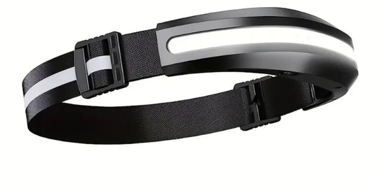 USB rechargeable head torch displaying COB light panel
