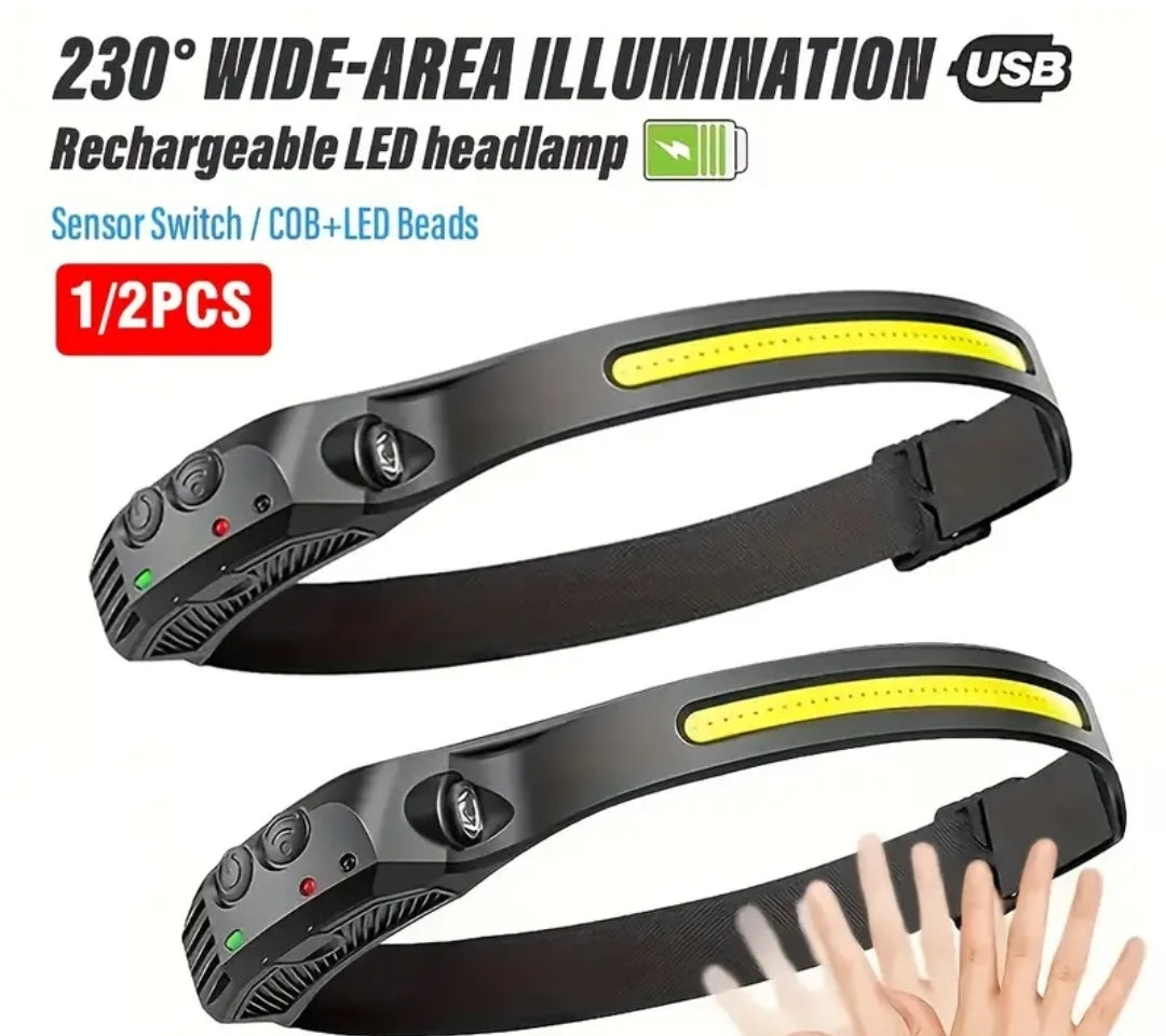 Motion‑sensor LED headlamp with USB charging port visible