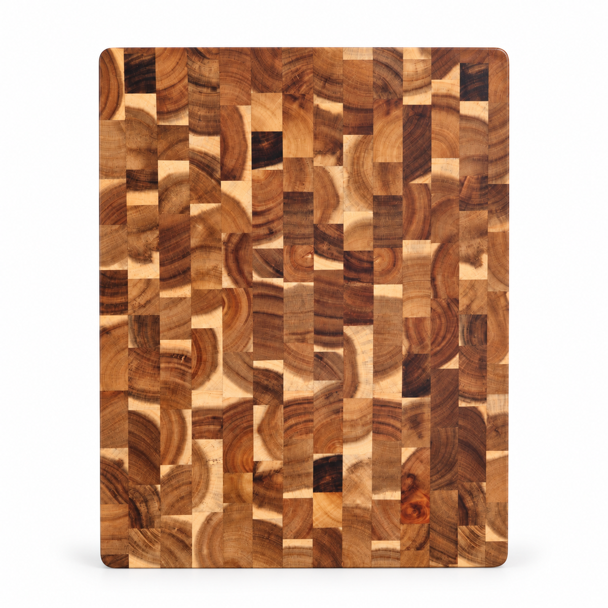 A rectangular wooden cutting board with rounded corners, featuring a mosaic pattern of varied wood grain blocks in warm brown and beige tones, shown against a plain white background.