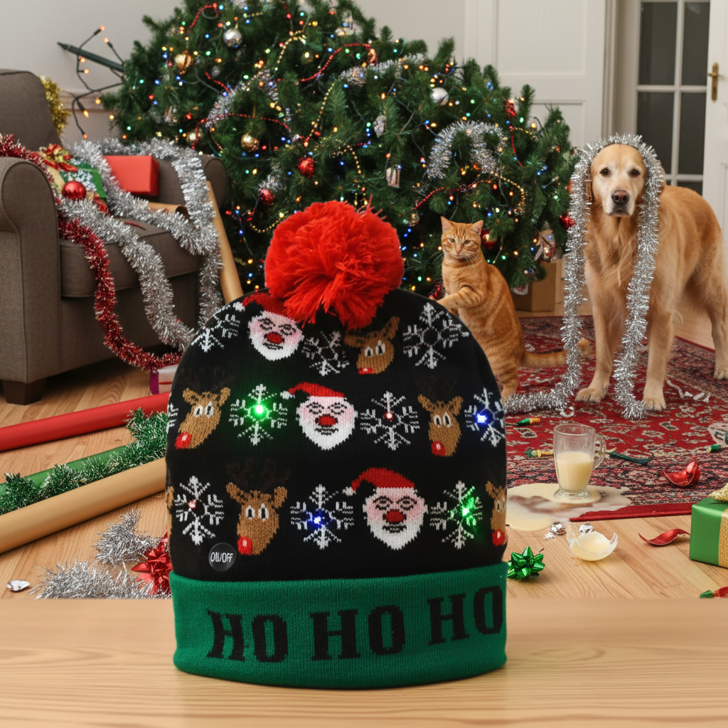 The Flashing Beanie displayed attractively next to cozy elements like hot cocoa and a warm blanket.