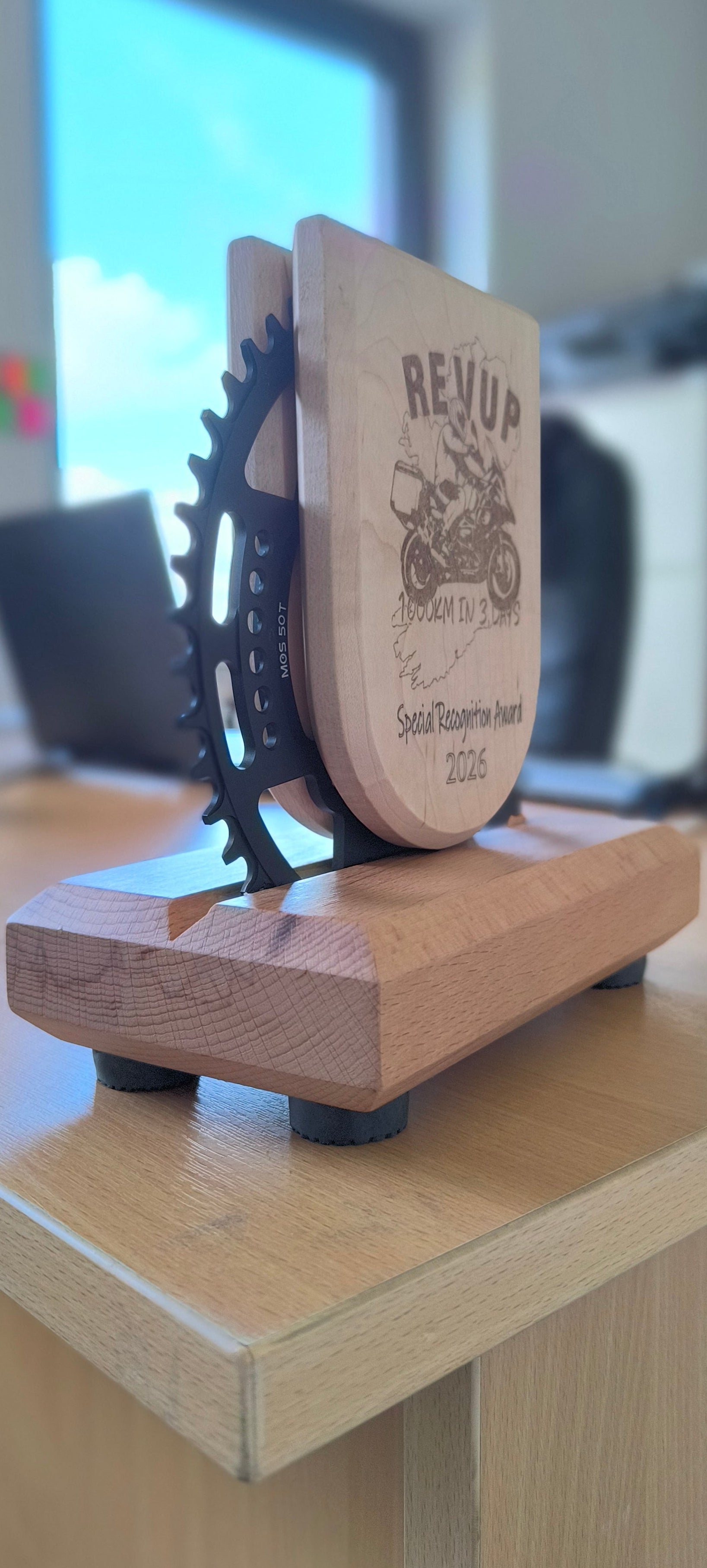 Artisan-crafted mixed-media award combining over 80mm of heavy hardwood and steel for exclusive corporate presentations