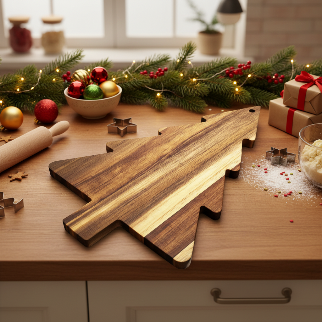 Wooden Christmas Tree Shaped Serving Board loaded with festive cheeses, meats, and crackers for a holiday charcuterie display.