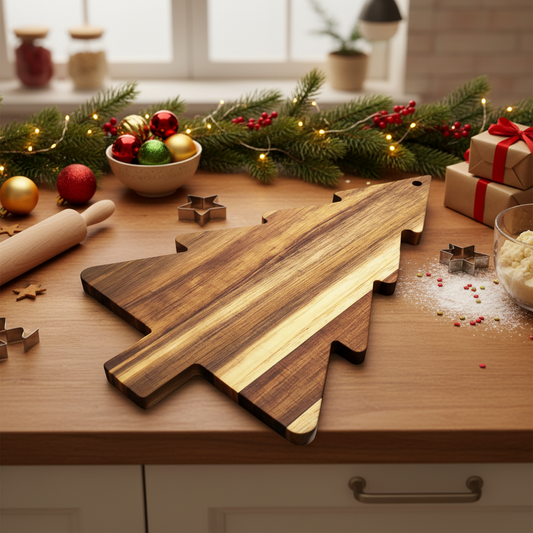 Wooden Christmas Tree Shaped Serving Board loaded with festive cheeses, meats, and crackers for a holiday charcuterie display.
