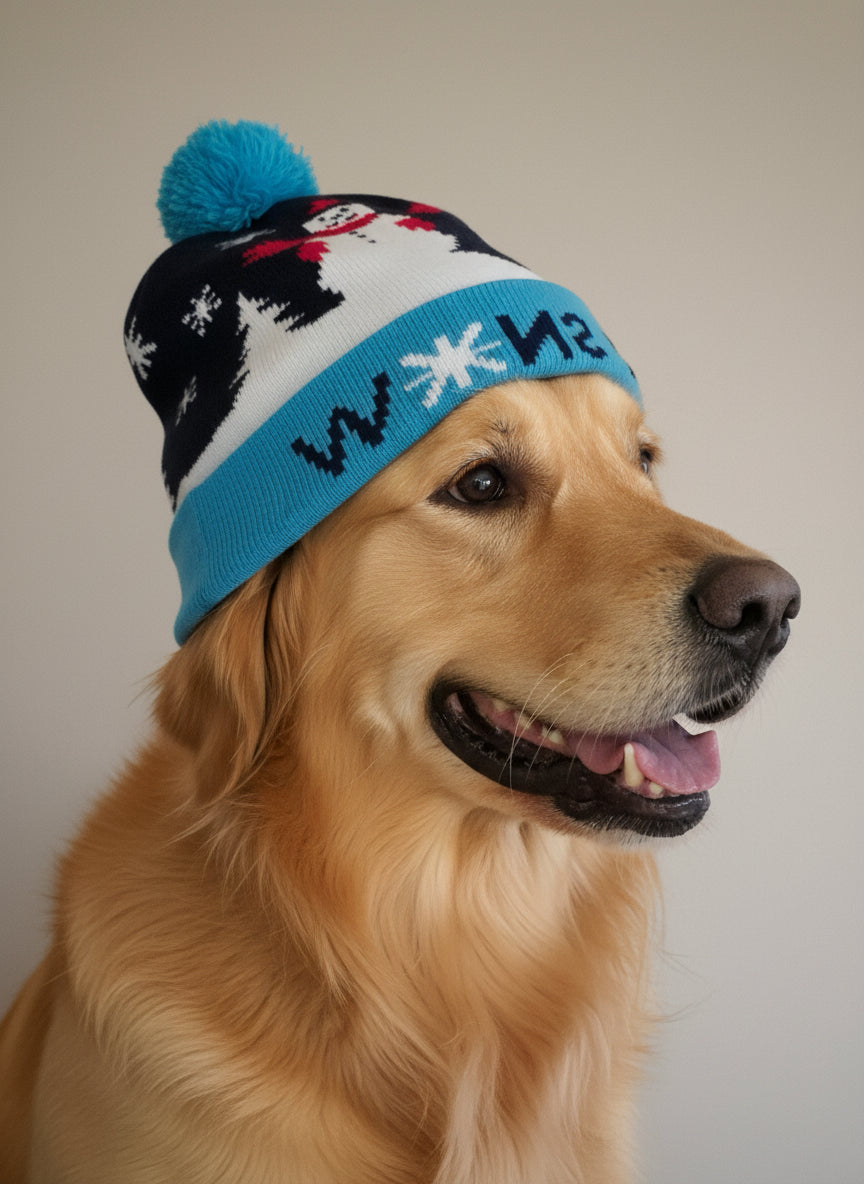 dog wearing a colorful beanie with a pattern on a plain background