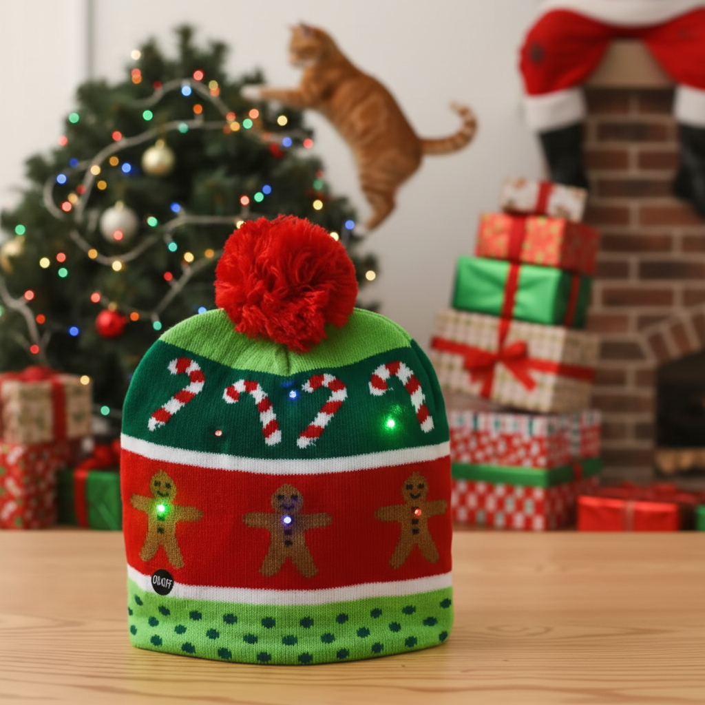Christmas-themed beanie with gingerbread men and candy canes on a wooden surface.