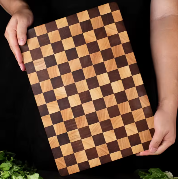 The Chessboard Pattern Butcher Block used as a decorative serving platter for charcuterie and appetizers.
