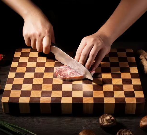 Person cutting meat on a checkered wooden cutting board with a dark background