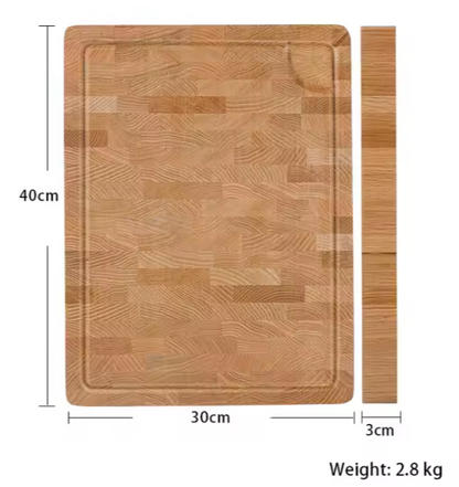Top view of a large Red Oak end grain chopping board with fresh ingredients ready for prep with dimensions