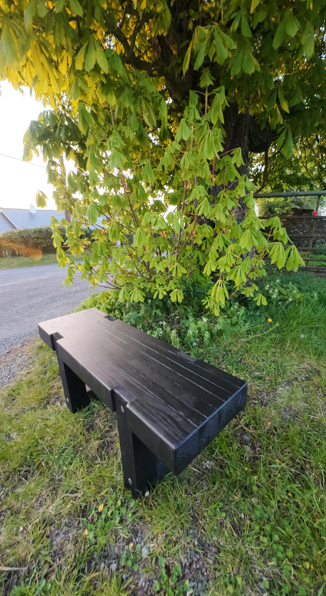 Black bench on grass under a tree Fully assembled heavy-duty wooden bench