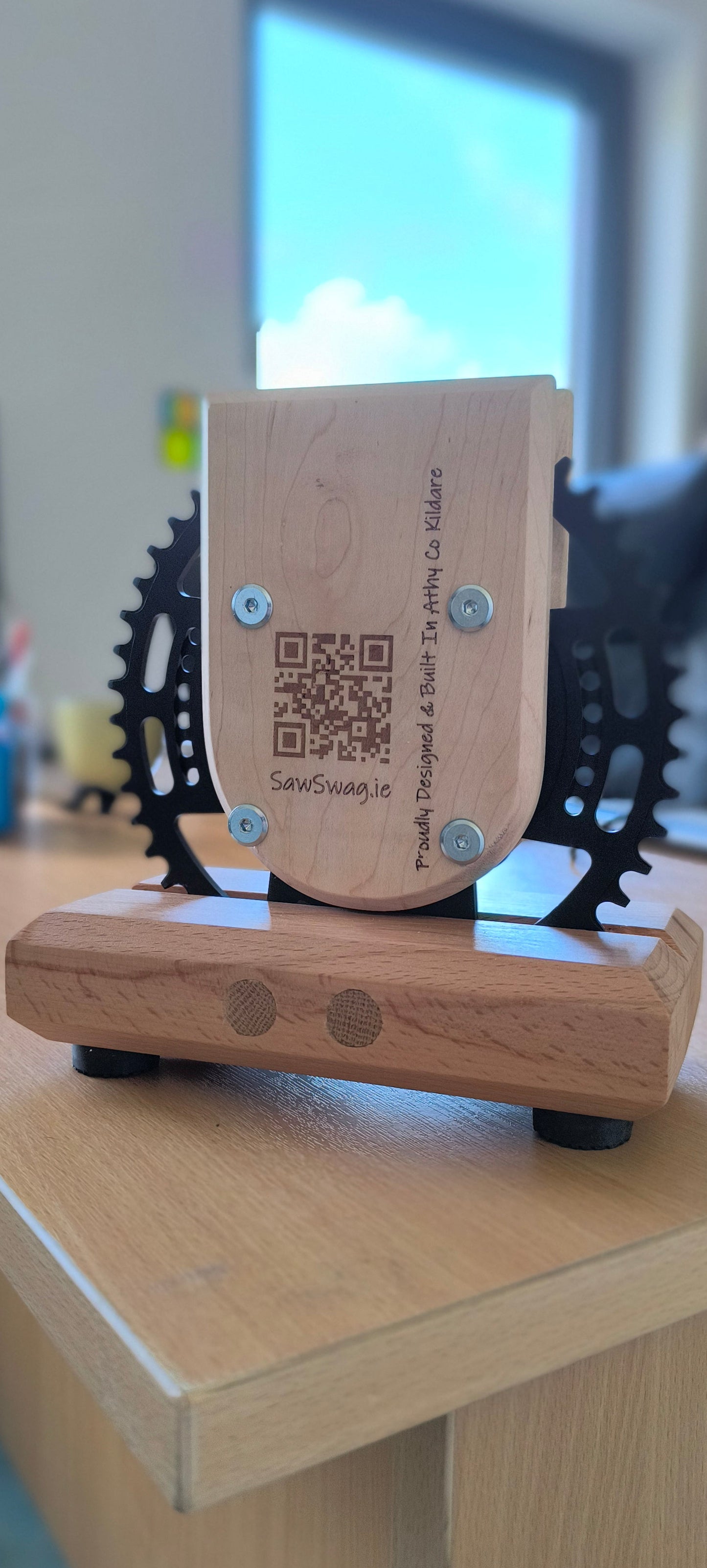 High-end corporate milestone award featuring custom laser-engraved details on thick, hand-finished solid maple