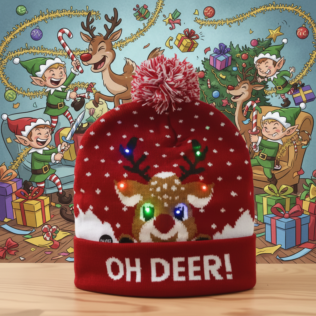 Red beanie with reindeer design and 'OH DEER!' text, glowing lights, on a blurred Christmas tree background.