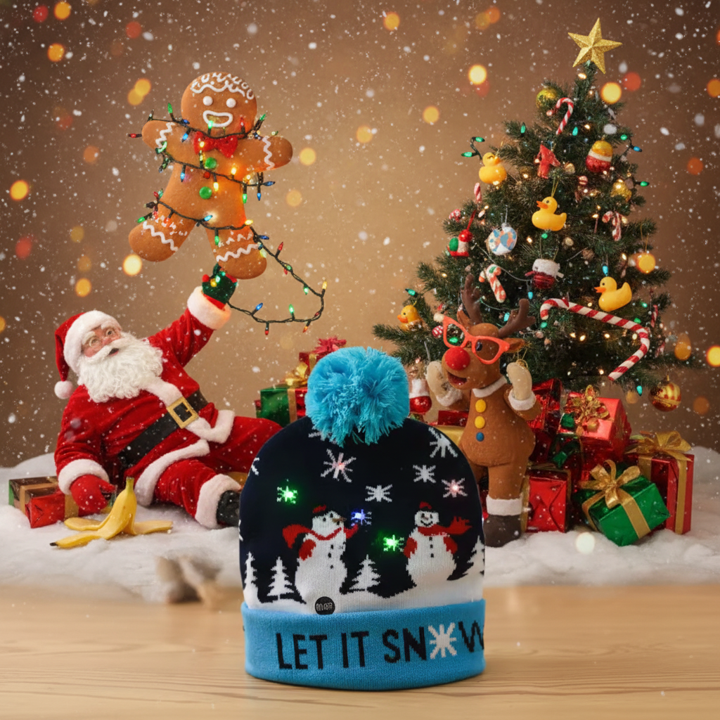 Detail shot showing the integrated LED lights of the beanie in Fast Flash mode, capturing the dynamic movement.