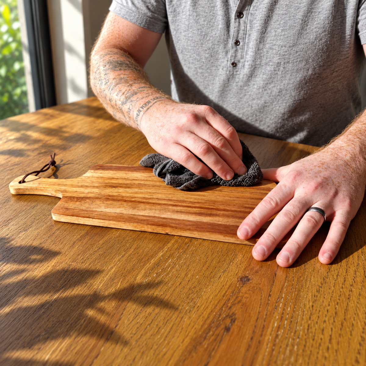 A man in a gray polo shirt wipes a wooden cutting board with a dark cloth on a wooden table.