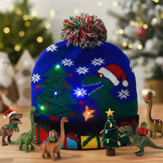 Colorful LED beanie with Christmas-themed design on a wooden surface.