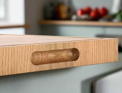 Close-up shot of the durable end grain wood pattern on a Red Oak butcher block board recessed handles