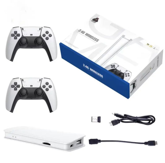 White retro gaming console with wireless controllers