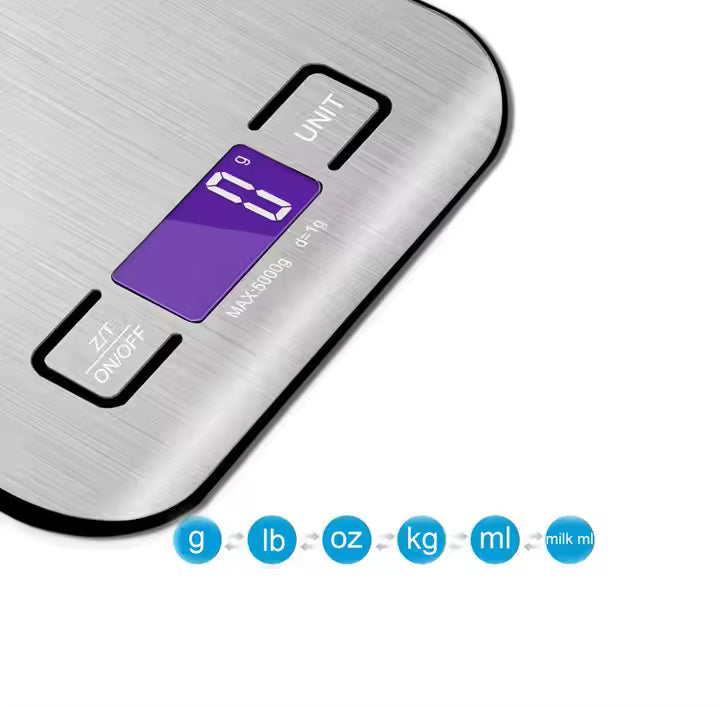Modern digital scales with anti-slip feet on countertop
