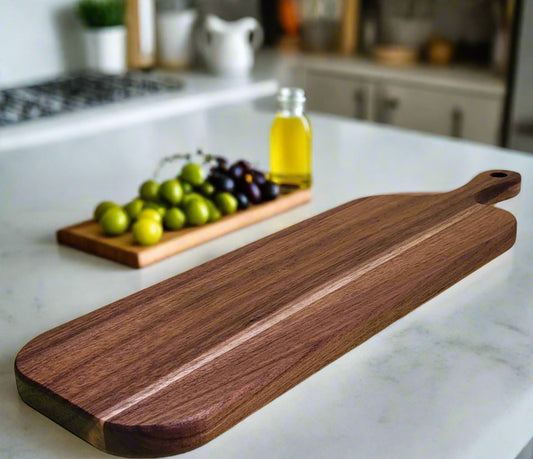 Small wooden serving platter treated with professional Saw Swag mineral oil.