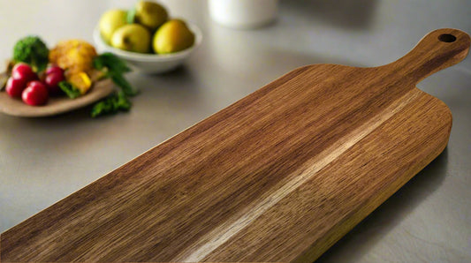 Compact wooden cheese board on rustic table
