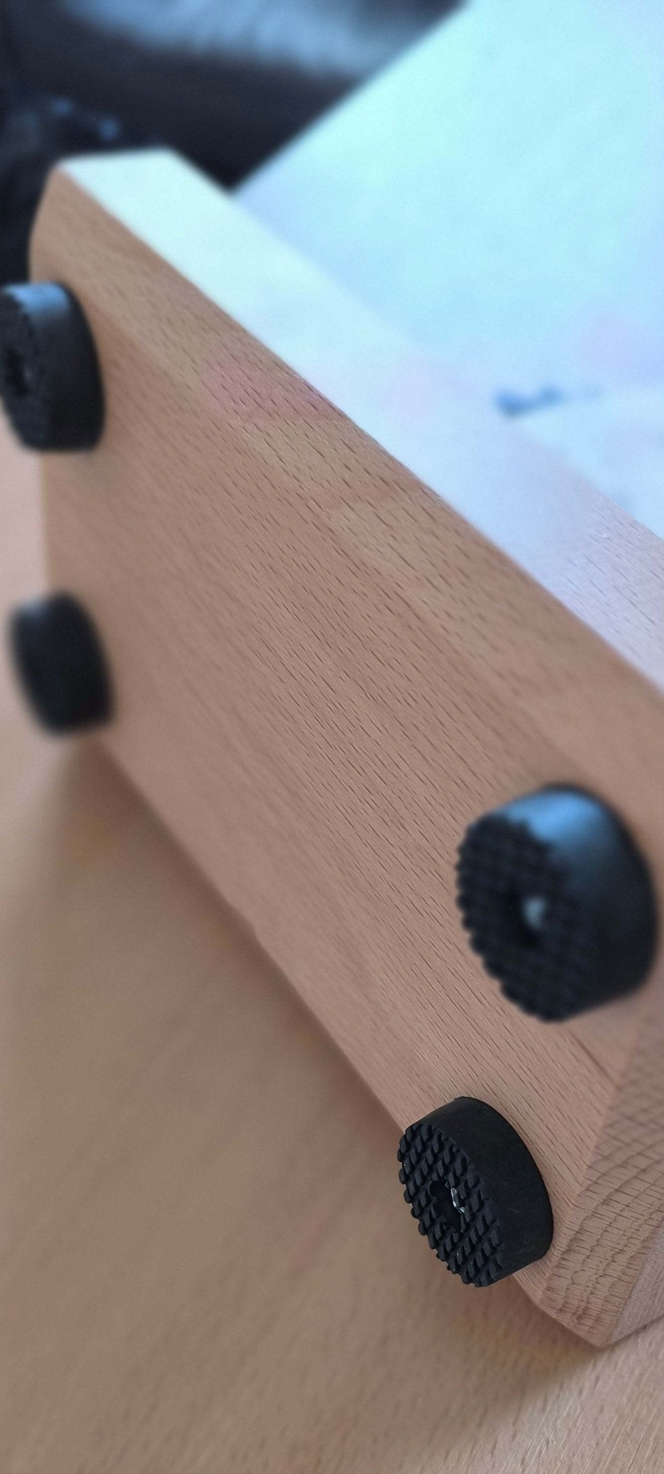 Solid wood heavyweight trophy showing a thick 44mm beech base and an intricate mechanical steel inlay for automotive sponsors.