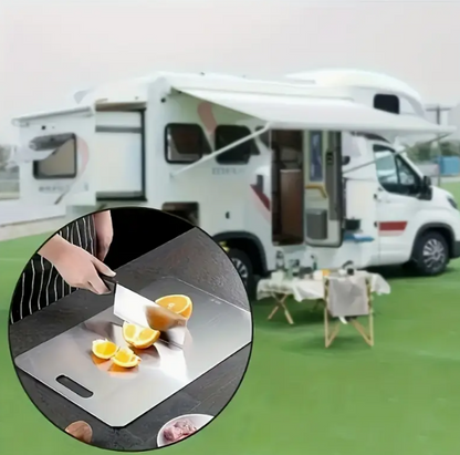 Modern stainless steel chopping board designed for home kitchens and camping motorhomes