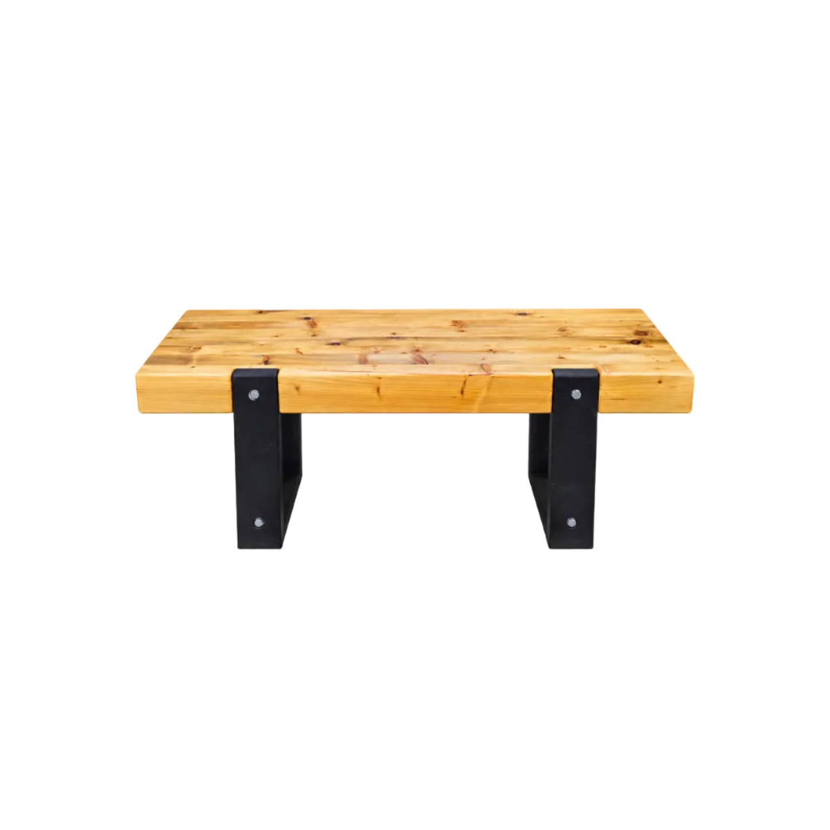 A rustic rectangular coffee table with a light natural wood top and black metal legs, shown against a plain white background.