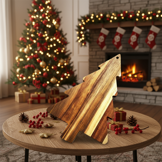Wooden Christmas tree cutting board on a festive background with ornaments